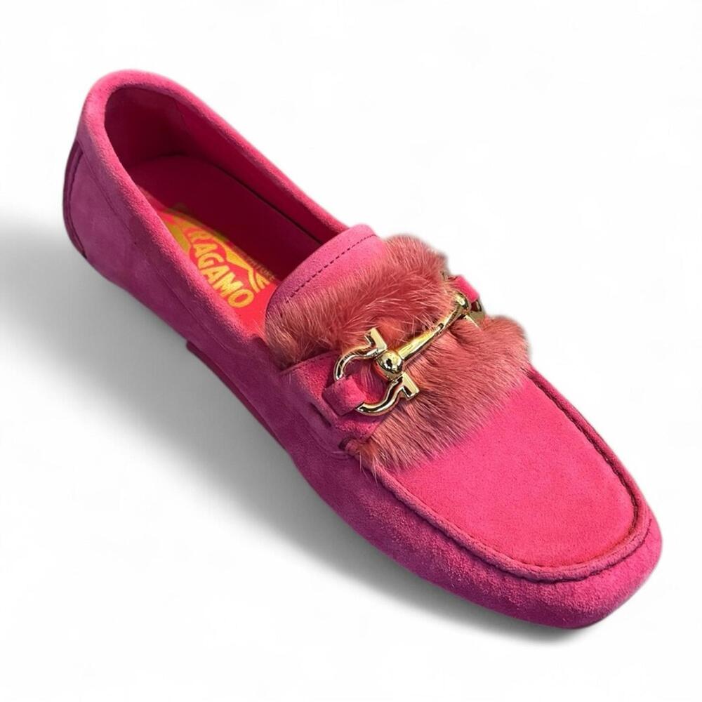 Salvatore Ferragamo Parigi Pink Mink Fur Trim Loafers Flats Shoes Drivers 7.5 - Picture 3 of 8